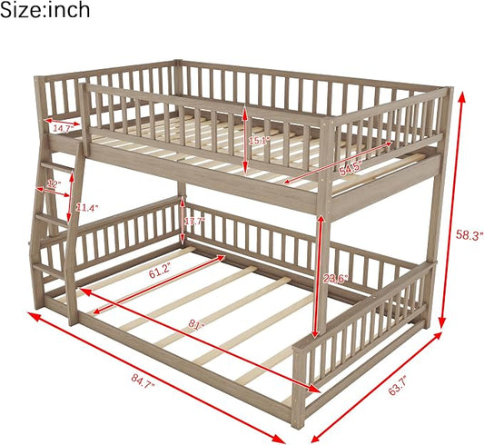 Full XL Over Queen Bunk Bed with Safety Guardrails, Solid Wood Floor Bunk Bed Frame with Sturdy Slat Support for Kids Teens Adults, Detachable Design (Walnut-tra)