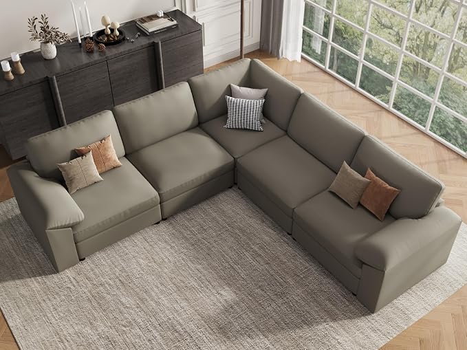 EASE MOOSE Oversized Corner Modular Sectional Sofa, Faux Leather Sectional Sofa with Deep Seat, Scratch Resistant Faux Leather Material, Extra Large L Shaped Couch, Light Grey