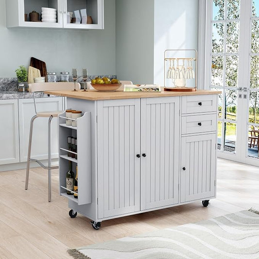 HLR Kitchen Island with Storage, Grey Rolling Kitchen Island on Wheels with Drop-Leaf Bar Countertop, Prep Table with Side Open Spice Rack and Tower Rack, Home Bar Carts with Storage