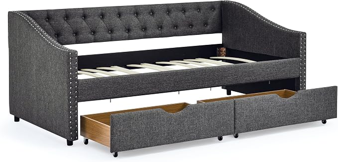 KEIKI Twin Size Upholstery Daybed with 2 Drawers and Headboard, Mid-Century Style Tufted Sofa Bed with Button on Back, Easy Assembly, No Box Spring Required, for Living Room and Bedroom, Dark Grey