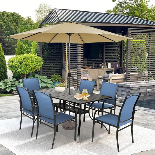 SUNCROWN 8 - Piece Outdoor Dining Set, Patio Furniture Set with 6 Textilene Dinning Chairs, 1 Rectangle Metal Table and 1 Brown 9Ft Patio Umbrella for Lawn Garden Backyard Deck, Blue