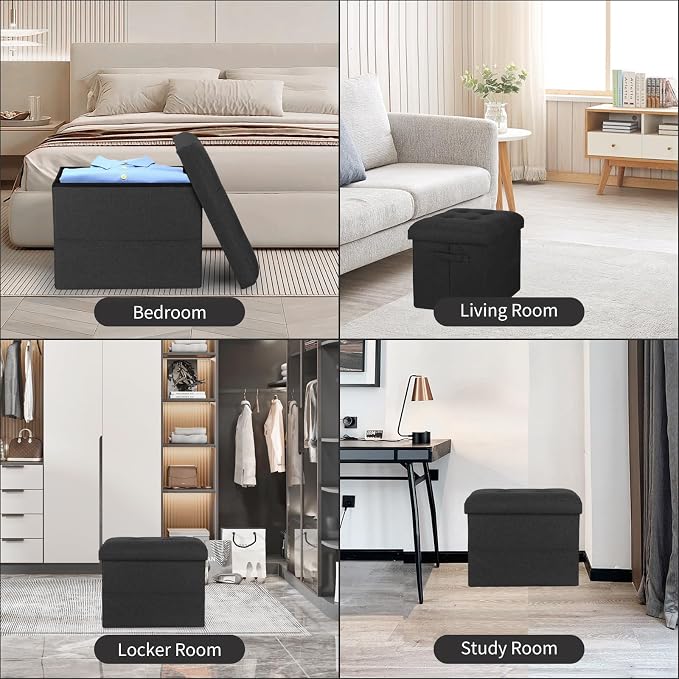 Storage Ottoman Foot Rest with Thicker Foam Padded Seat. Small Bench with Storage. 350 lbs Linen Folding Footstool Bench for Living Room, Bedroom, Home Office. 17x13x13in, Gray Black