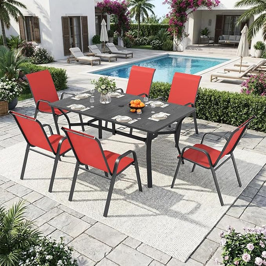 Outdoor Dining Set for 6, 7pcs Patio Table and Chairs Set with Adjustable Umbrella Hole,Heavy Duty 63”x37.8” Metal Dining Table and Stackable Patio Chair for Yard, Garden, Porch