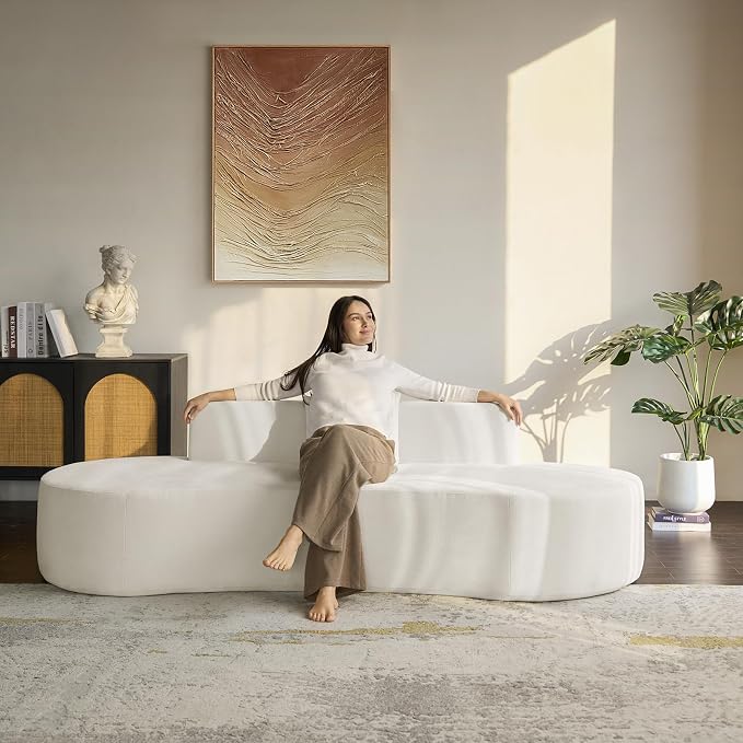 94.5" Boneless Sofa with 2 Pillows, 3 Seater Compressed Foam Sofa with Half Moon Design & Deep Seat, No Assembly Required, Modern Cloud Couch for Living Room, Ivory