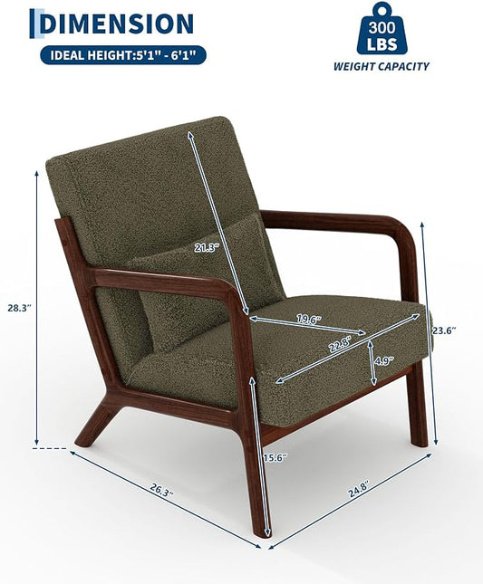 Garvee Mid-Century Modern Accent Chair, Sherpa Upholstery, Solid Wood Armchair with Removable Lumbar Pillow, Sturdy Reading Chair for Living Room, Bedroom, Guest Room, Easy Assembly, Green