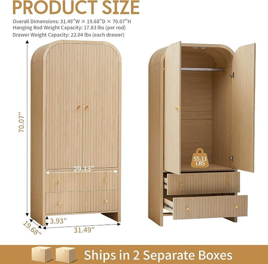 LEVNARY Arched Armoire Wardrobe Closet, Mid-Century Modern 2-Door Freestanding Wardrobe with Hanging Rod and 2 Drawers, Fluted Carved Clothing Storage Cabinet for Bedroom (Natural)