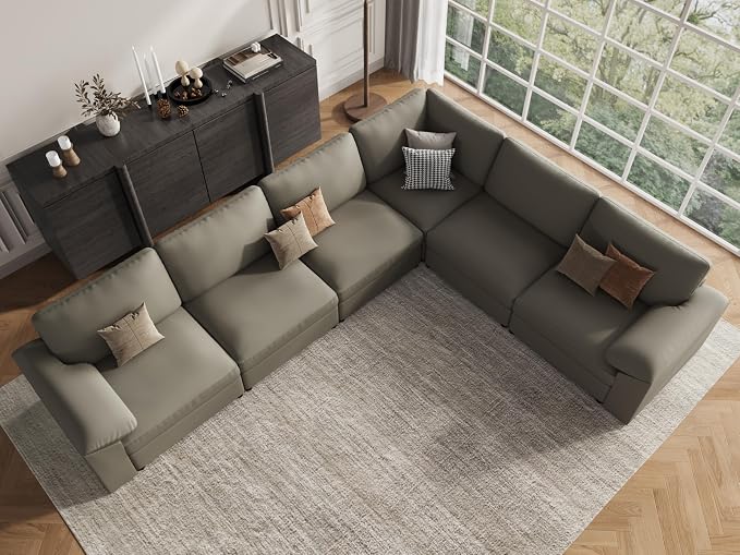 EASE MOOSE Leather Sectional Couch, Oversized Modular Sectional Sofas, Wide Deep Seat Modular Couch, Scratch Resistant Faux Leather Material, L Shaped Sofa for Big Spaces, Light Grey