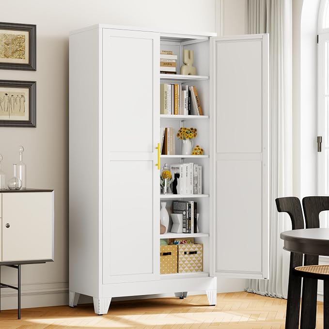 winiowa Tall Metal Kitchen Pantry Storage Cabinet with 2 Doors and 5 Adjustable Shelves - 75.2" Kitchen Cabinet with Gold Handles for Kitchen, Bathroom, Dining Room, Living Room - White