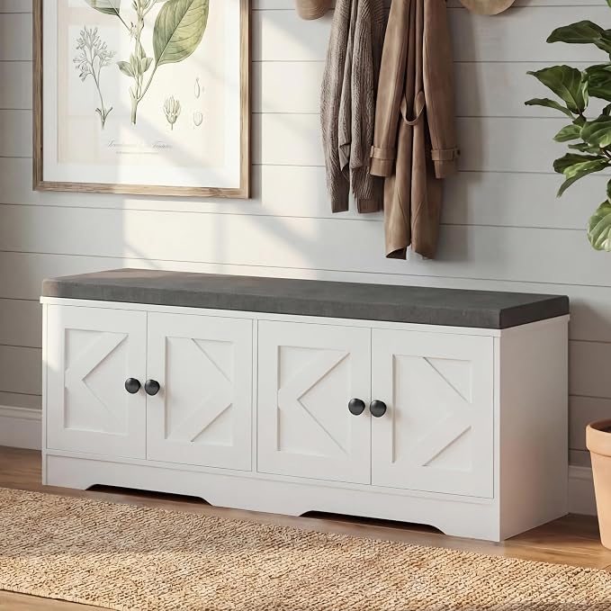 Apicizon Storage Bench with Seat Cushion, 2 Tier Entryway Bench with 4 Barn Doors, Adjustable Shelves, 47.36" Shoe Bench for Entryway Hallway Bedroom Living Room, Beige White