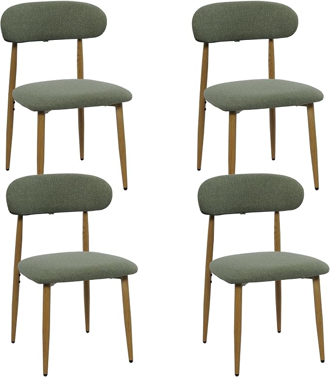 FREKEN Modern Upholstered Dining Chairs Set of 4, Mid-Century Metal Frame with Wood Grain, Linen Fabric Side Chair for Kitchen Dining Room, 350lbs Capacity, Green