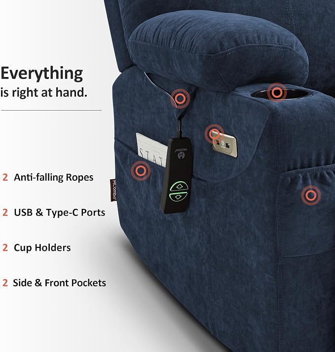 MCombo Power Lift Recliner Chair for Elderly R7045(Admiral, Medium-Wide) | Heat and Massage, Breathable Fabric, USB& Type C Charging Port, FSC Certified