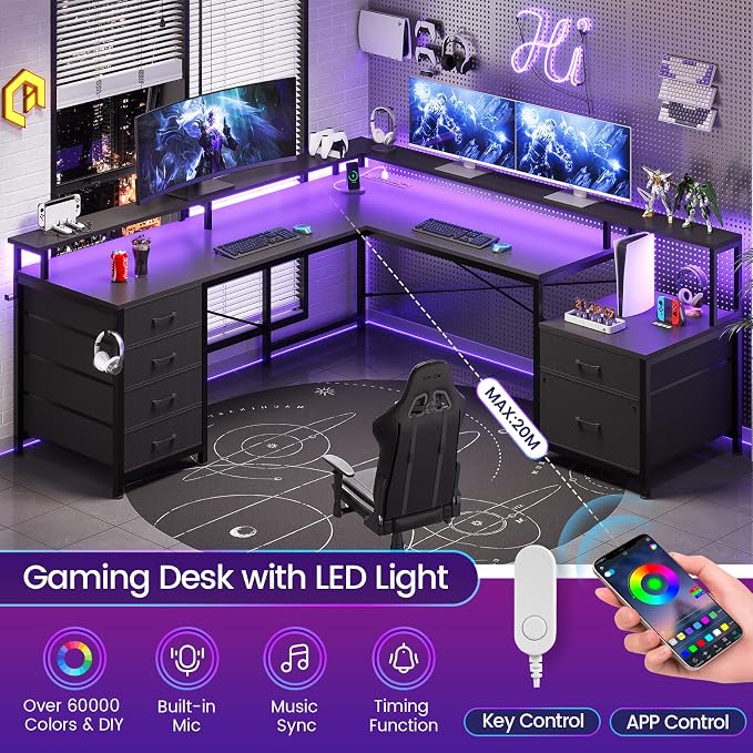 SEDETA L Shaped Desk with 6 Drawer, 108" Home Office Desk with File Drawer & Power Outlet, Corner Computer Desk with Monitor Shelf, File Cabinet, Two Person Desk, Gaming Desk with Led Lights, Black