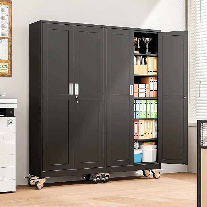 Metal Garage Storage Cabinet, 75”Tall Rolling Utility Cabinet Black | storage system with Wheels, Lock, 5 Adjustable Shelves, Heavy Duty Steel Tool Locker for Home Office, Utility Room, Gym
