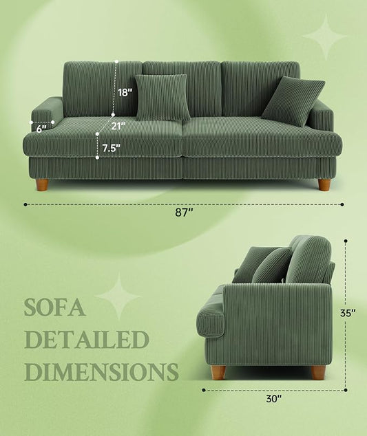 Welzona 87.2" Couches for Living Room, Comfy Green Couch 7.5" Extra Thick Cushion, Sofas for Living Room Tool-Free Setup, Loveseat Sofa 848lbs Support, Corduroy Couch for Bedroom, Apartment, Office