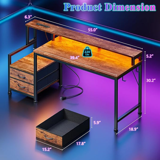 Furologee 55" Gaming Desk with LED Lights & USB-C Port, Reversible Computer Desk with Monitor Stand, Storage Shelves & 2 Fabric Drawers, Home Office Desk with Power Outlets & Hooks, Rustic Brown