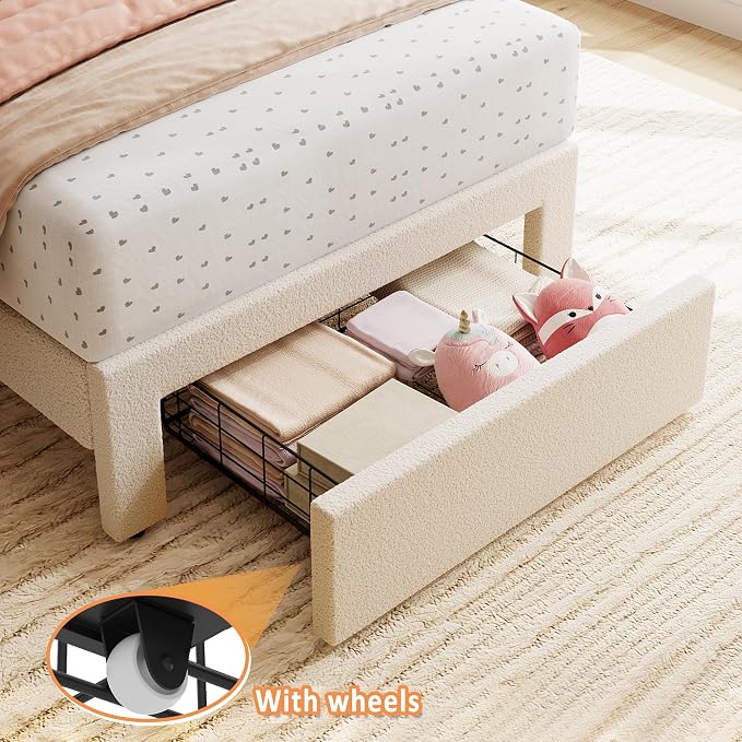 GarveeHome Twin Bed Frame with Under-Bed Drawer, Upholstered Platform Bed with Wave Headboard for Kids/Girls, Wooden Slats Support, No Box Spring Needed, Boucle White