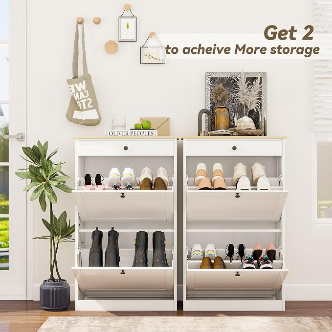 FTZxHKLX Shoe Cabinet with 2 Flip Drawers, Slim Wooden Hidden Shoe Organizer with Drawer, Pet-Proof Narrow Shoe Storage Cabinet for Entryway Living Room Behind The Door