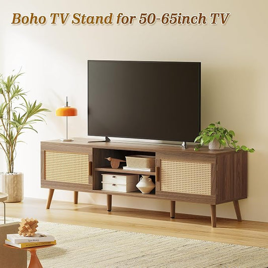 SUPERJARE Boho TV Stand for 65 Inch TV, Entertainment Center with Adjustable Shelf, Rattan TV Console with 2 Cabinets, Media Console, Solid Wood Feet, 4 Cord Holes, for Living Room, Walnut