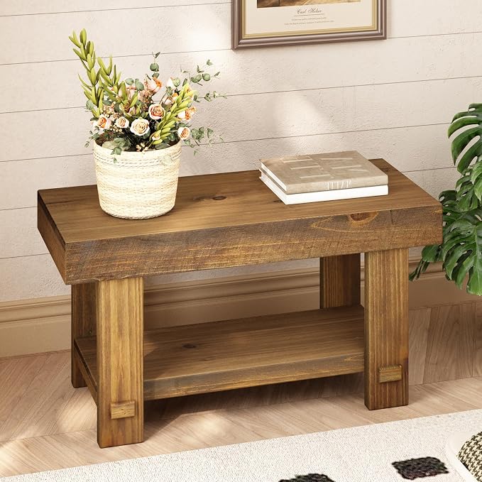 HOKYHOKY Solid Wood Entryway Bench - 31.5" Farmhouse Small Storage Benches, Narrow Bench Seat for Indoor, Entryway, Dining Room, Living Room and Hallway, Rustic Natural