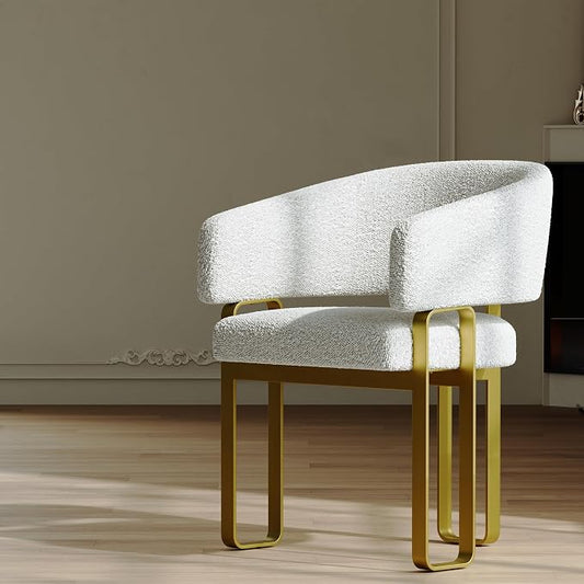 Boucle Dining Chair, Gold Barrel Dining Chair with Arms, Luxury Side Chair with Brushed Gold U-Shaped Legs for Kitchen, Bedroom, Makeup Room (3 PCS)