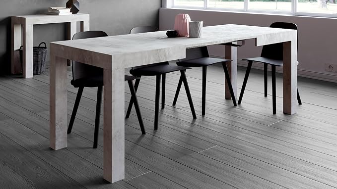 Mobili Fiver, First Extendable Table, 47.2(78.7) x31.5 in, Concrete Effect, Grey, for 6-8 People, Expandable Dining Table for Kitchen, Living Room, Italian Furniture