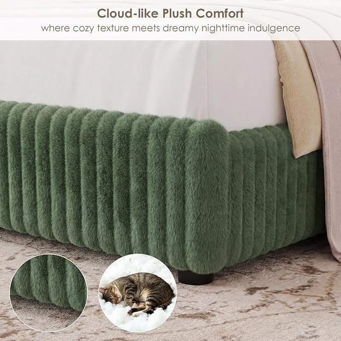 Keyluv Queen Bed Frame with 54” Tall Faux-Fur Wingback Headboard, Upholstered Platform Bed with LED Light, Mattress Foundation with Solid Wooden Slats Support, No Box Spring Needed, Noise-Free, Green