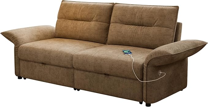 85'' Sofa Bed Full, Assembly, 3 in 1 Sleeper Sofa Beds, Flannel Pull Out Couch for Living Room, Charging & Adjustable Armrest, Comfy Loveseat for Small Space, Flannel Brown