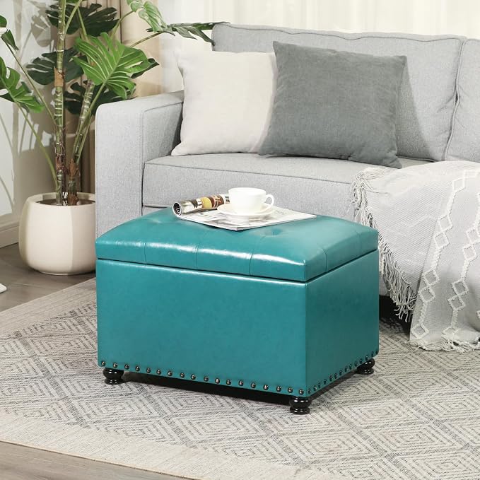 Joveco Leather Storage Ottoman, 24" Rectangle Tufted Upholstered Bench, Foot Rest Stool with Wood Legs, Footstool for Living Room, Bedroom