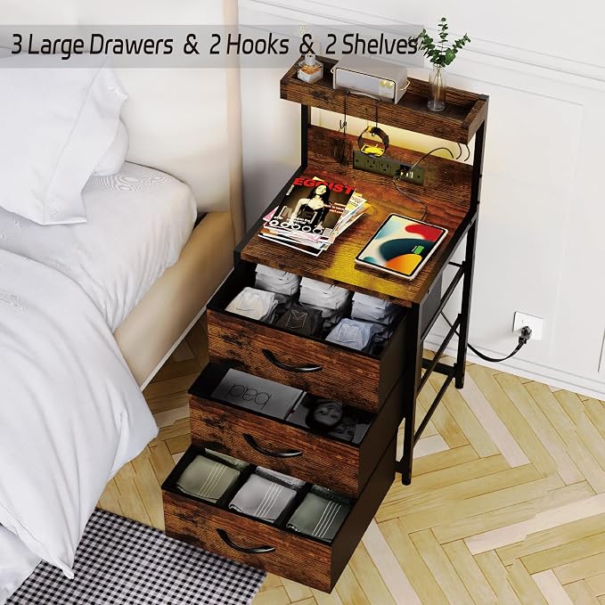 SZLHANJZ Nightstands Set of 2, End Table with LED Light and Charging Station Type C, 3 Drawers Storage Night Stand with Hooks, Tall Bed Side Table for Bedroom Dorm, Rustic Brown