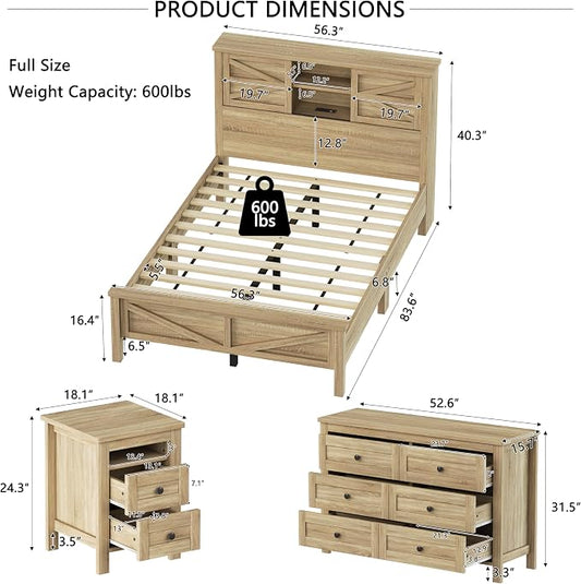 Farmhouse 3-Pieces Bedroom Sets, Queen Size Platform Bed with a Nightstand and 6-Drawer Storage, Wood Platform Bed with Double Sliding Door Storage Headboard and Charging Station (Queen)
