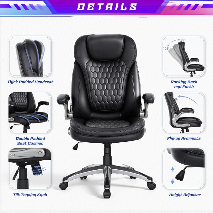 COLAMY High Back Executive Office Chair – Ergonomic PU Leather Desk Chair with Flip-Up Armrests,Height, Lumbar Support, Comfortable Computer Chair for Home Office – Black
