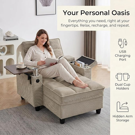 Convertible Sleeper Chair, Pull Out Sofa Bed with Adjustable Backrest & Hidden Storage Armrest, Single Sofa Recliner with USB Charging Port & Cup Holders for Living Room, Bedroom, Khaki