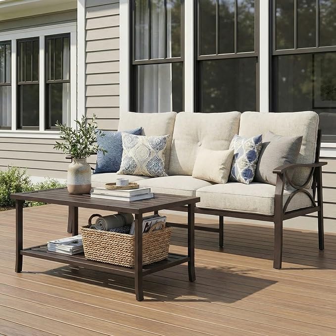 RoyalCraft 3 Seats Outdoor Patio Furniture Set, Outdoor Metal Sectional Furniture with Cushions, Outdoor Conversation Set with Coffee Table for Balcony, Backyard, Garden, Deck, Beige
