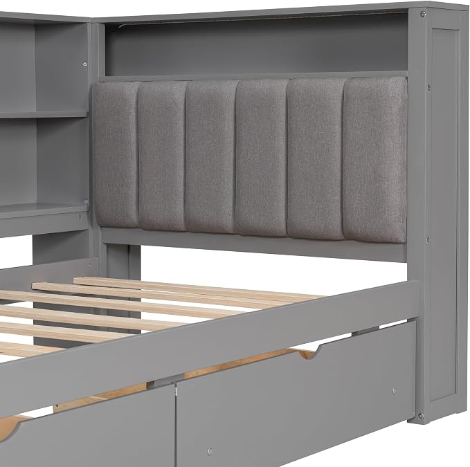 Bellemave Twin Corner Bed with Storage Shelves and Desk, Upholstered Headboard Daybed with Bookcase and Drawers,Daybed with Storage, Grey+ Grey Cushion