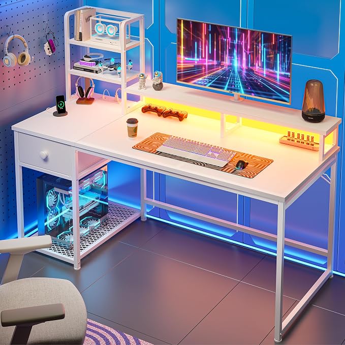 EnHomee 44" Small White Gaming Desk with Hutch & Shelves for Teen Gamer | Dual Monitor Stand for Posture, Built-in Power Strip, Music-sync RGB Lights, Sturdy Steel Frame, Fabric Drawer, Easy Assembly