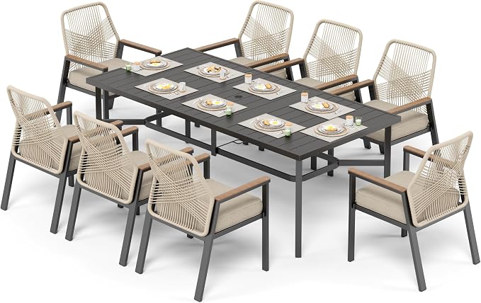 9 Pieces Patio Dining Set, 8 x Woven Rattan Chairs with Waterproof Cushion, 83" Rectangular Metal Dining Table with Umbrella Hole, Outdoor Table and Chairs Set for Backyard Lawn and Deck, Beige