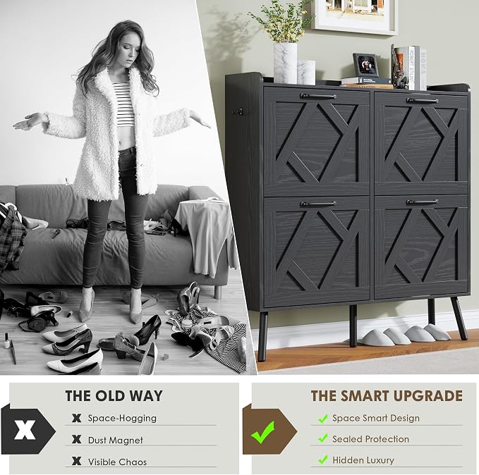 Nicetree Shoe Cabinet with 4 Flip Drawers, Hidden Shoe Rack Cabinet with Metal Legs, Farmhouse Narrow Shoe Storage Cabinet for Entryway, Foyer, Hallway, Black