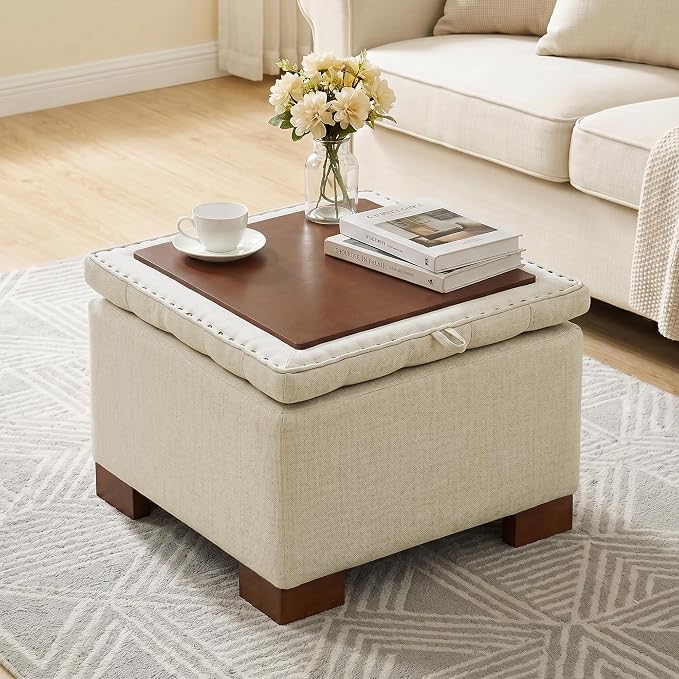 24 Inch Square Storage Ottoman Coffee Table, Modern Tufted Upholstered Ottoman with Flip Tray and Solid Wood Legs, Suitable for Living Rooms, Linen Khaki