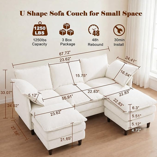 3 Seater U-Shape Couch Sofa with Ottomans, 69" Small Couch Modern Comfy Cloud Sofa with 23" Deep Washable Pillow ChenilleCover Couches for Living Room Bedroom Apartment Office 69-Beige-U