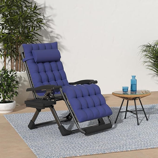 Slendor Zero Gravity Chair Oversized, 33In XXL Reclining Lounge Chair with Removable Cushion, Cup Tray, Footrest, Folding Reclining Camping Patio Recliner Chair w/Upgraded Lock,Blue