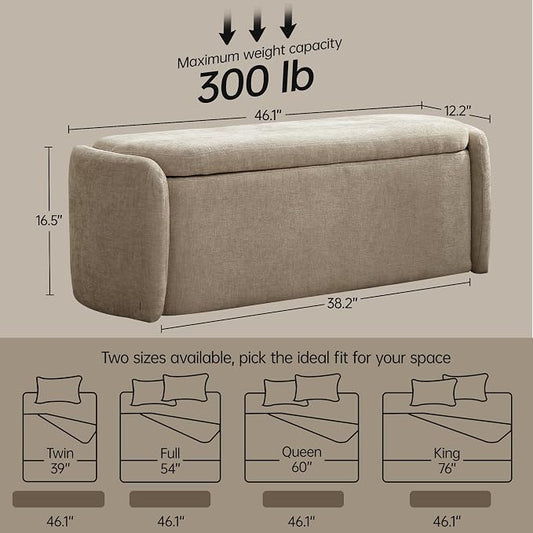 VKNOW 46" Oval Storage Ottoman Bench, Upholstered End of Bed Bench Ottomans Bench Foot Rest, Sherpa Storage Bench for Bedroom, Living Room and Hallway, Light Brown