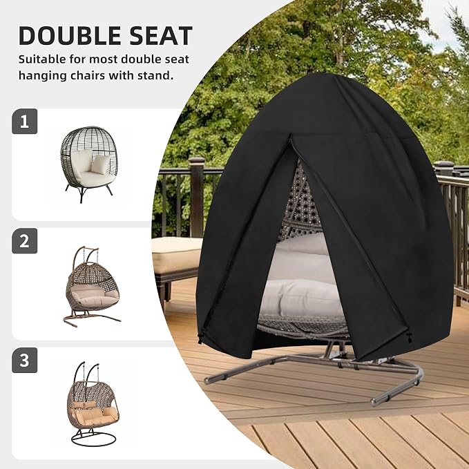 Easy-Going Patio Hanging Egg Chair Cover, UV Resistant Waterproof Outdoor Double Seat Swing Chair Cover with Zipper, Black