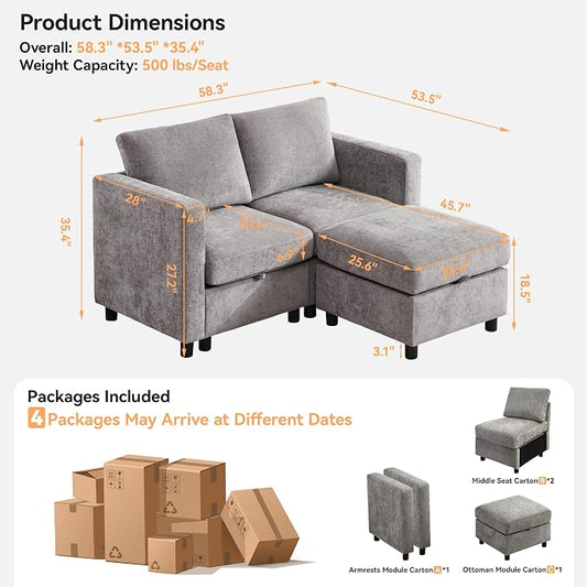 WUTUTUEE 58”Modular Sectional Loveseat Sofa with Storage, Comfy Office L Shaped Sofa Couch, Chenille Love Seat Modular Sectional Couch with Movable Ottoman for Living Room, Bedroom, Light Grey