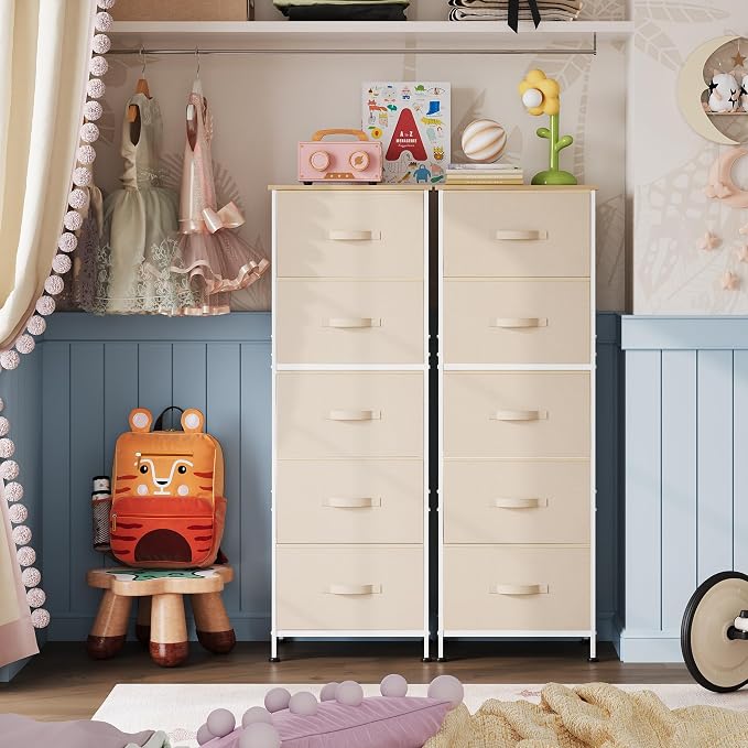 WLIVE Fabric Dresser, 5-Drawer Tall Dressers for Bedroom, Storage Dresser Organizer with Fabric Bins, Wood Top, Sturdy Steel Frame, Chest of Drawers for Closet, Hallway, Cream White
