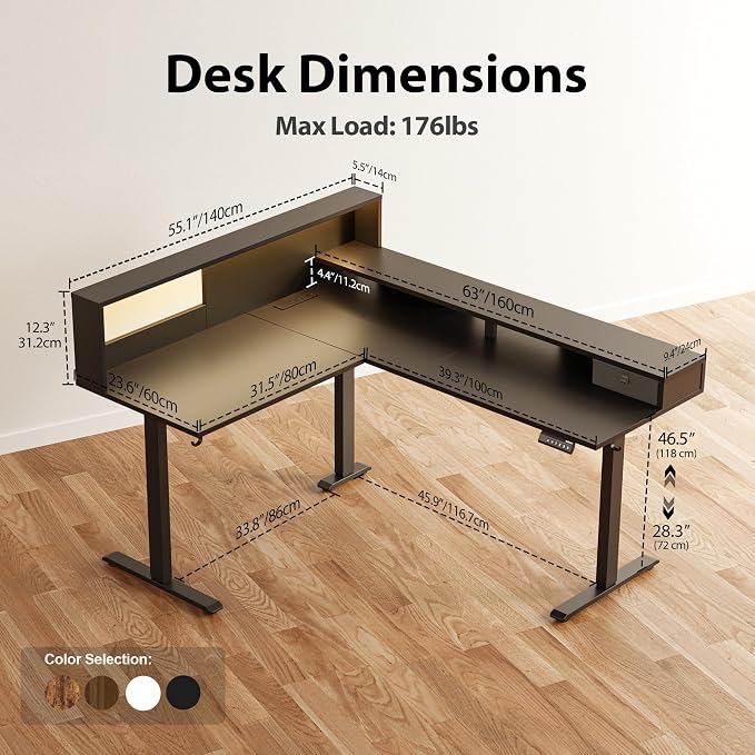 Agilestic L-Shaped Electric Standing Desk, 63x55 Inch Ergonomic Adjustable Height Desk with Storage, Stand Up Corner Desk Sit Stand Computer Table Power Outlet & LED Lights, Office Table, Black