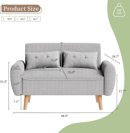 Vongrasig 48" Small Modern Loveseat Sofa, Mid Century Soft Corduroy Fabric 2-Seat Sofa Couch Tufted Love Seat with Back Cushions and Tapered Legs for Living Room, Bedroom and Small Space (Light Gray)