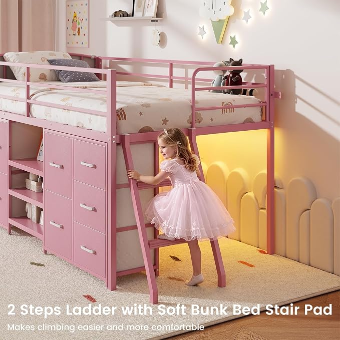 ELYKEN Low Loft Bed Twin Size with 10 Storage Drawers, Twin Loft Bed Frames for Kids with Safety Guardrail,Metal Kids Loft Bed with LED Lights,Inclined Ladder,Spave Saving,Pink