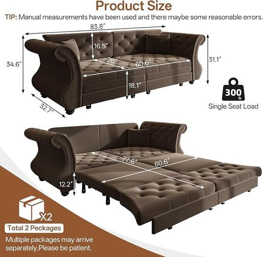 83.8" Oversized Pull Out Sofa Bed, Chesterfield Velvet Sleeper Sofa Couch with Roll Arm & Flower Tufting, Heavy Duty Metal Frame Convertible Sofa for Living Room, Apartment, Guest Room, Brown