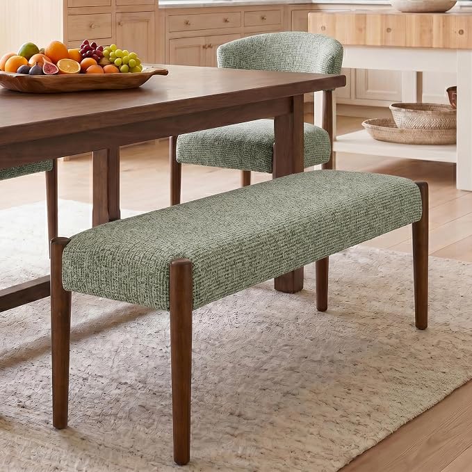 Usaint 42" End of Bed Bench, Modern Upholstered Bedroom Bench with Rubberwood Legs, Entryway Bench with Cushion, Dining Bench for Living Room, Bedroom, Green with Walnut Leg