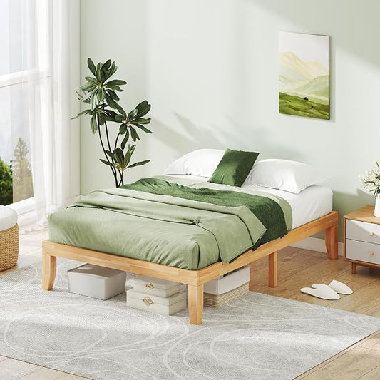 KOMFOTT 14 Inches Wood Platform Bed Frame Full Size, Wooden Mattress Foundation with Rubber Wood Frame, Strong Slats Support, No Box Spring Needed, Bed Frame (Natural)